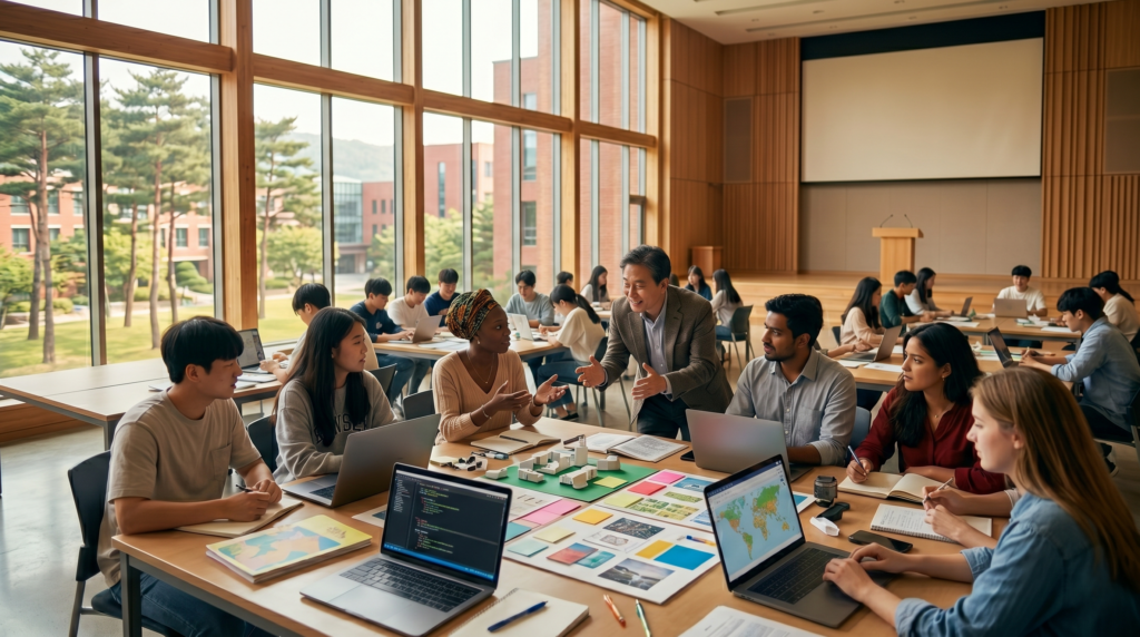 Diverse students collaborating in a modern Korean university classroom during a problem-based learning session
