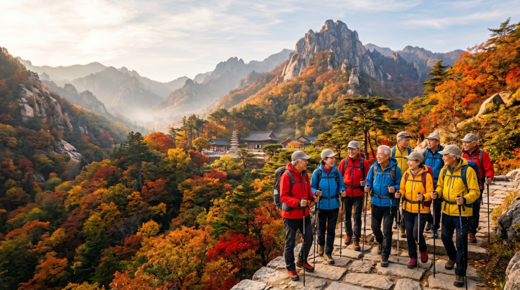 Colorful Korean hikers with trekking poles walking together on a mountain trail through pine forest in South Korea