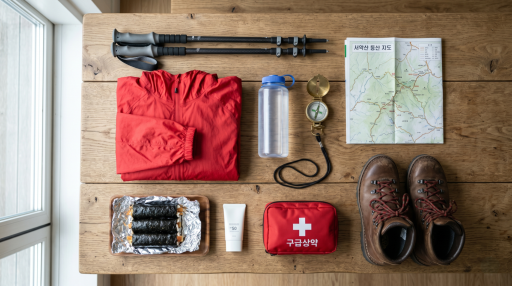  Complete Korean hiking gear kit including boots trekking poles waterproof jacket gimbap and trail map laid out on wooden surface
