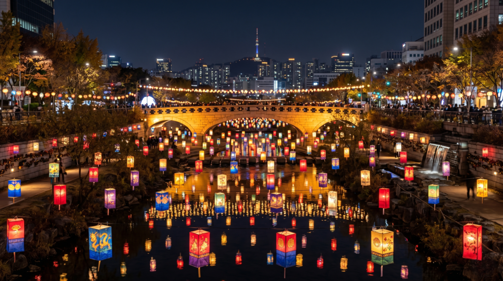 Seoul Lantern Festival with thousands of colorful glowing lanterns reflected in Cheonggyecheon Stream during fall