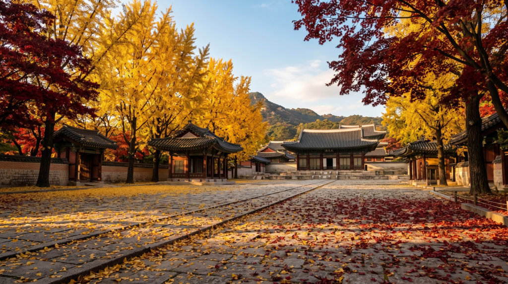 Korean royal palace courtyard surrounded by golden ginkgo and crimson maple trees in autumn Seoul
