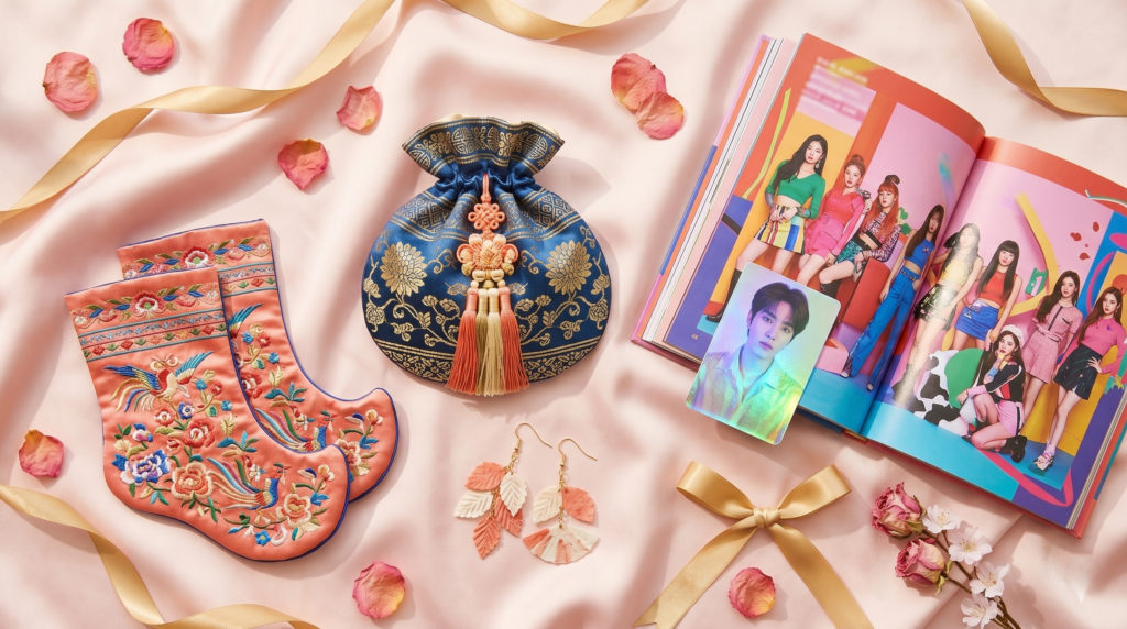 Korean wearable souvenirs including hanbok silk pouch, hanji paper earrings, traditional beoseon socks and K-pop photo book arranged on pink silk cloth