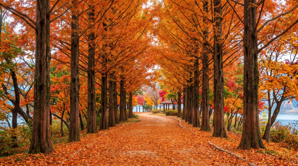 Nami Island tree-lined autumn pathway with golden and red foliage, iconic K-drama filming location in Korea