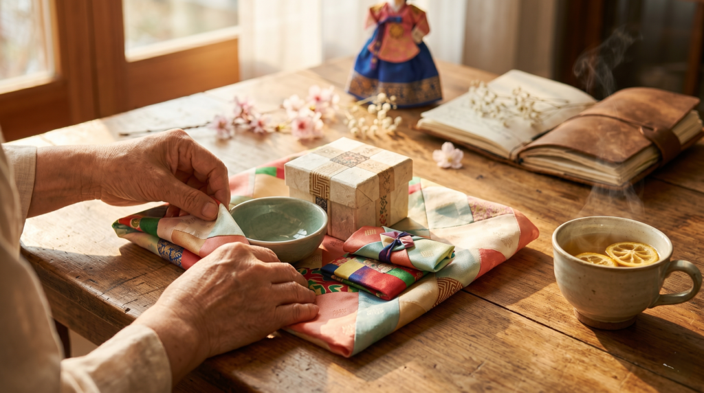 Korean souvenirs organized into three budget categories from affordable seaweed packs and socks to mid-range skincare sets and premium celadon ceramics on white surface
