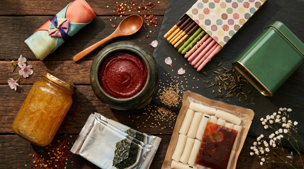 Korean food souvenirs including gochujang jar, yuja tea, roasted seaweed packs, Boseong green tea tin and tteokbokki kit arranged on a wooden surface