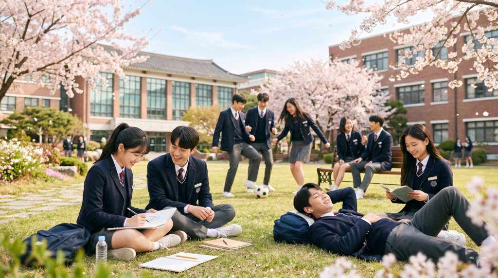 Korean students relaxing and enjoying free time outdoors during South Korea's Free Semester education reform program