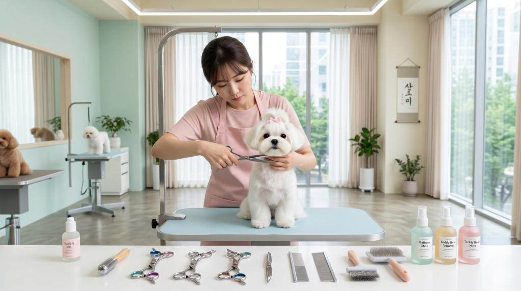 A professional groomer styling a white Korean Maltese dog into a teddy bear cut inside a modern Korean pet salon