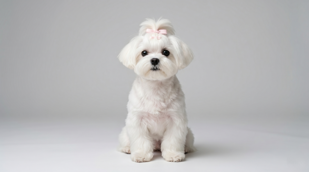 Full body portrait of a white Korean Maltese dog showing its silky coat and round expressive eyes