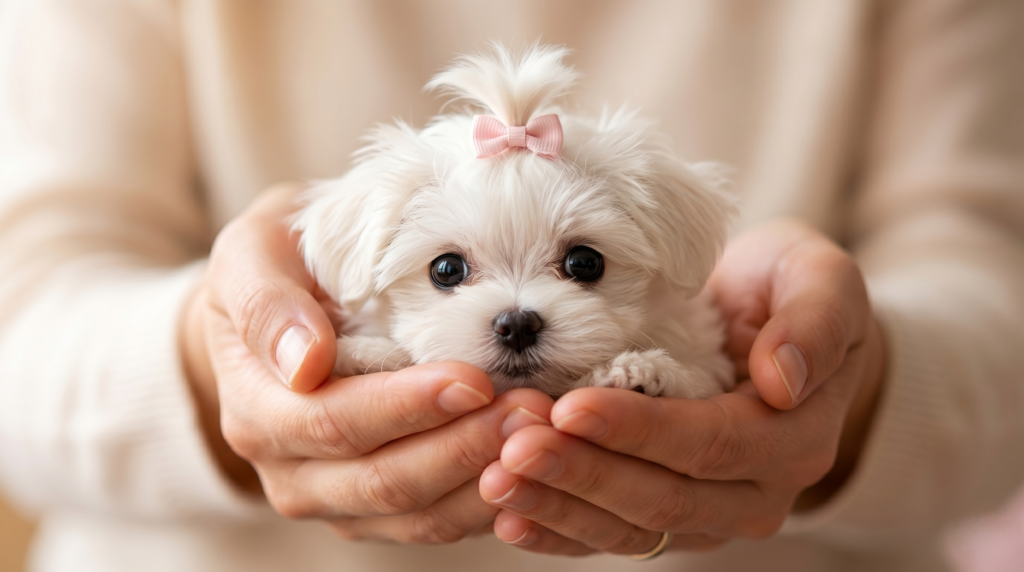 A tiny white Korean Maltese puppy being gently held in human hands symbolizing ethical and responsible pet ownership