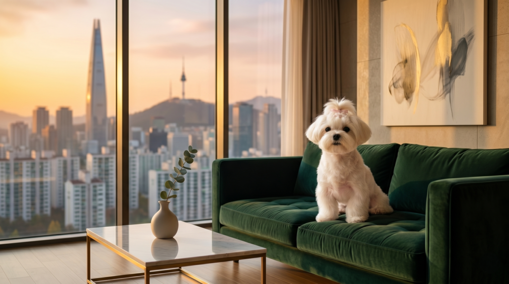 A groomed white Korean Maltese dog sitting on a luxury sofa in a modern Seoul apartment with city skyline view