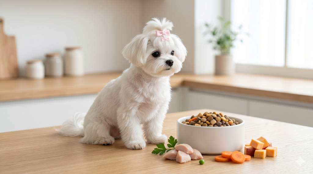  A white Korean Maltese dog sitting next to a ceramic bowl with fresh healthy dog food ingredients on a wooden surface