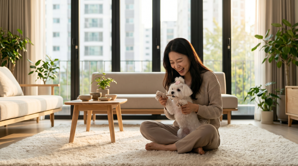 A young Korean woman playing with her white Korean Maltese dog in a cozy modern apartment living room