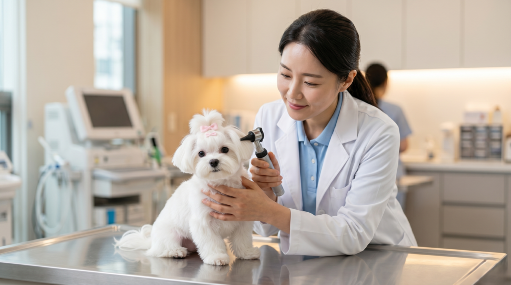 A veterinarian examining a white Korean Maltese dog inside a modern veterinary clinic
