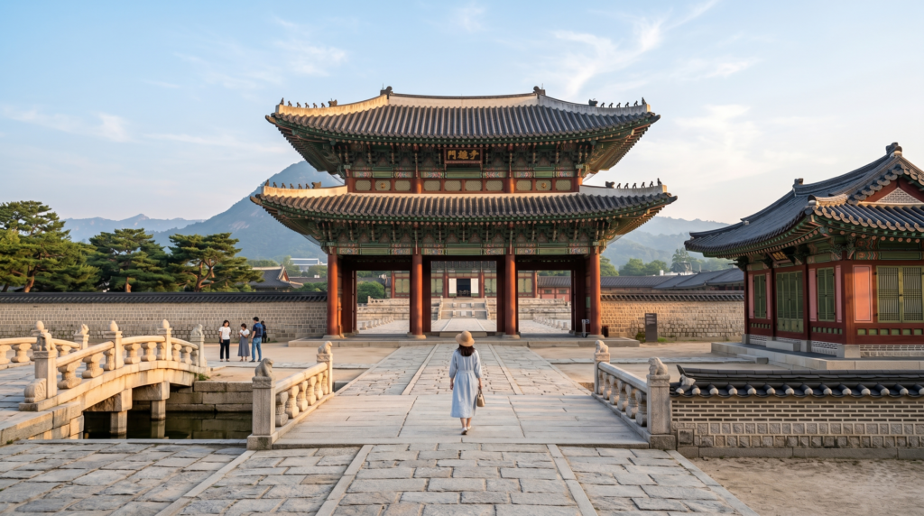 Gyeongbokgung Palace in Seoul bathed in soft early morning golden light with few visitors during August summer