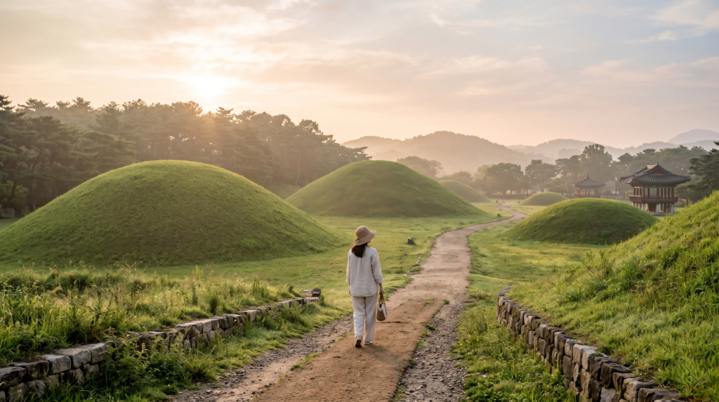 A lone visitor walking among the ancient royal burial mounds of Gyeongju in early morning summer light
