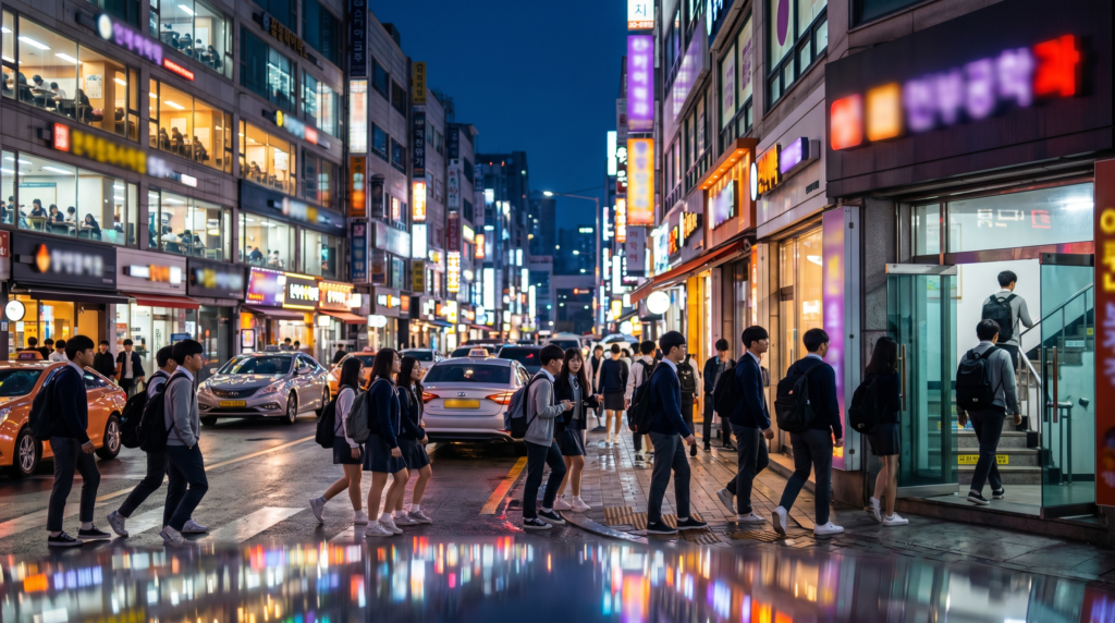 Busy hagwon private tutoring academy street in South Korea at night with students in uniforms