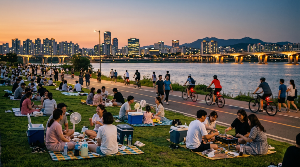 Korean locals enjoying a summer evening picnic and cycling along the Han River in Seoul in August