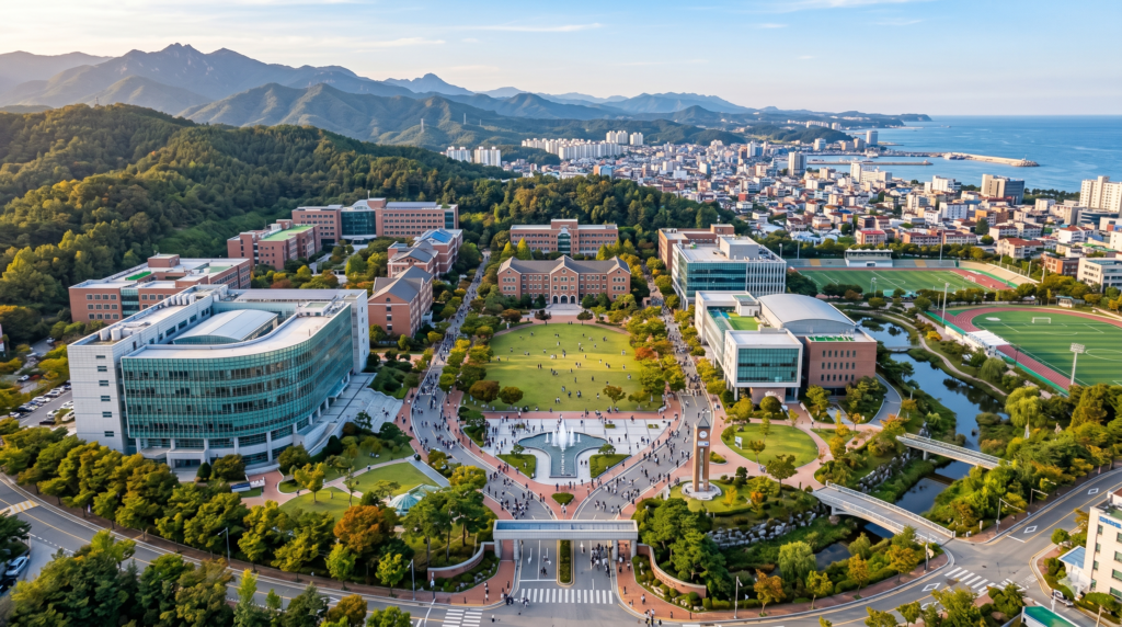 Aerial view of Handong Global University Korea campus with tree-lined paths and mountain backdrop