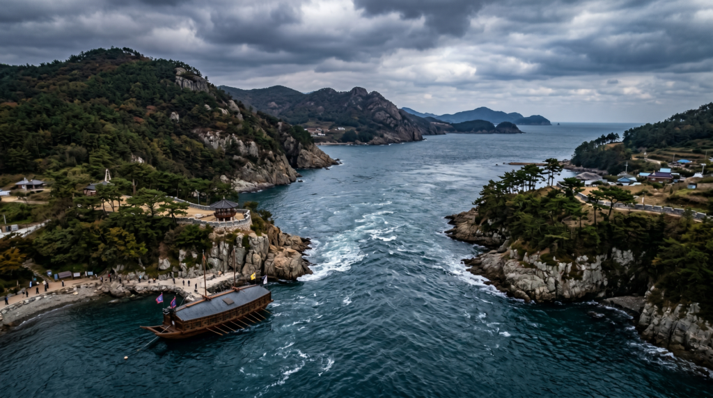 Dramatic aerial view of Myeongnyang Strait in Jindo Korea with turbulent ocean currents and a reconstructed Korean turtle ship near the shore