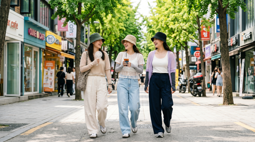 Stylish Korean women wearing summer linen outfits UV arm sleeves and bucket hats walking through Hongdae Seoul in August