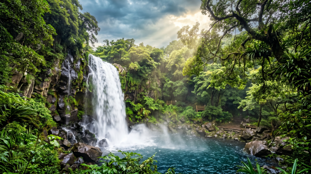  A dramatic waterfall on Jeju Island surrounded by lush green volcanic jungle landscape in the August summer heat