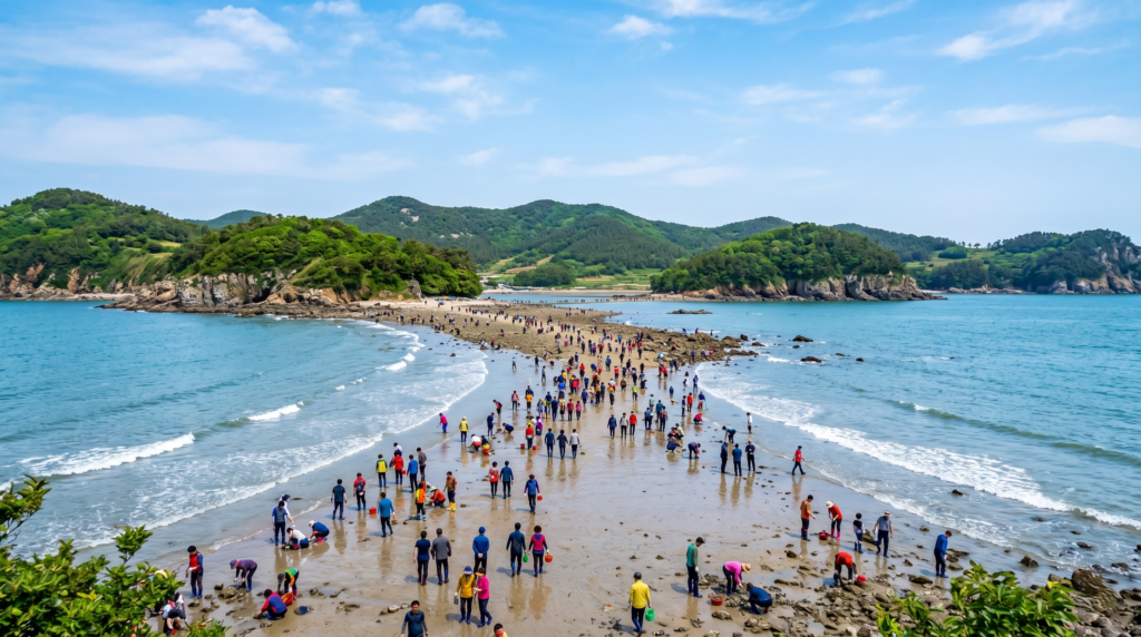 Aerial view of the Jindo Miracle Sea Road with people walking on the exposed ocean floor between Jindo and Modo Island