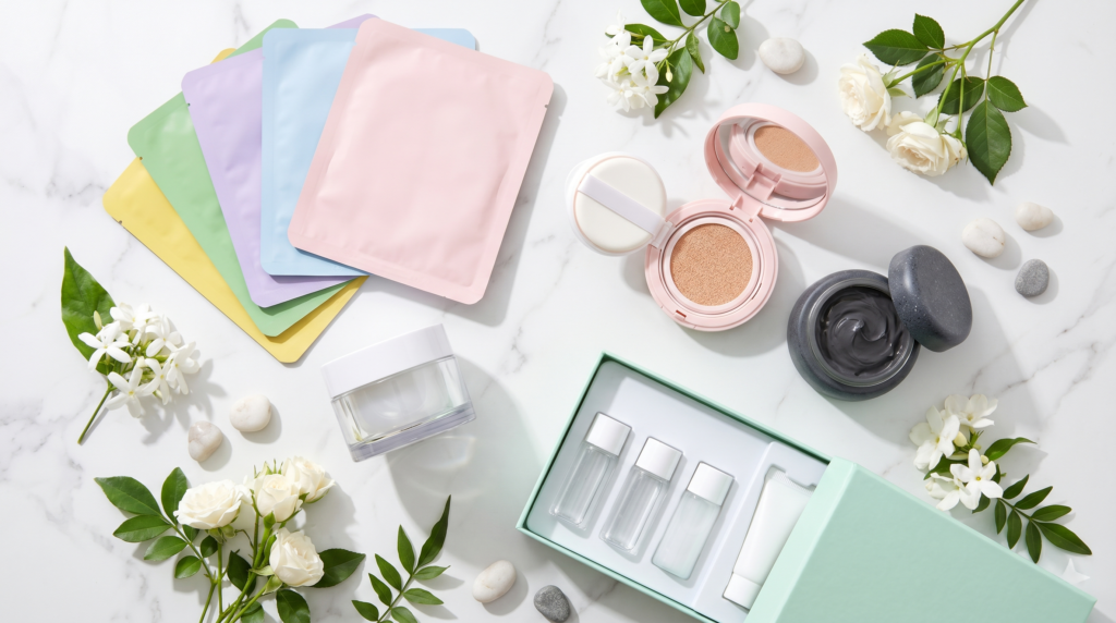 Korean skincare souvenirs including sheet masks, snail mucin cream, cushion foundation compact and Jeju volcanic clay mask arranged on white marble surface