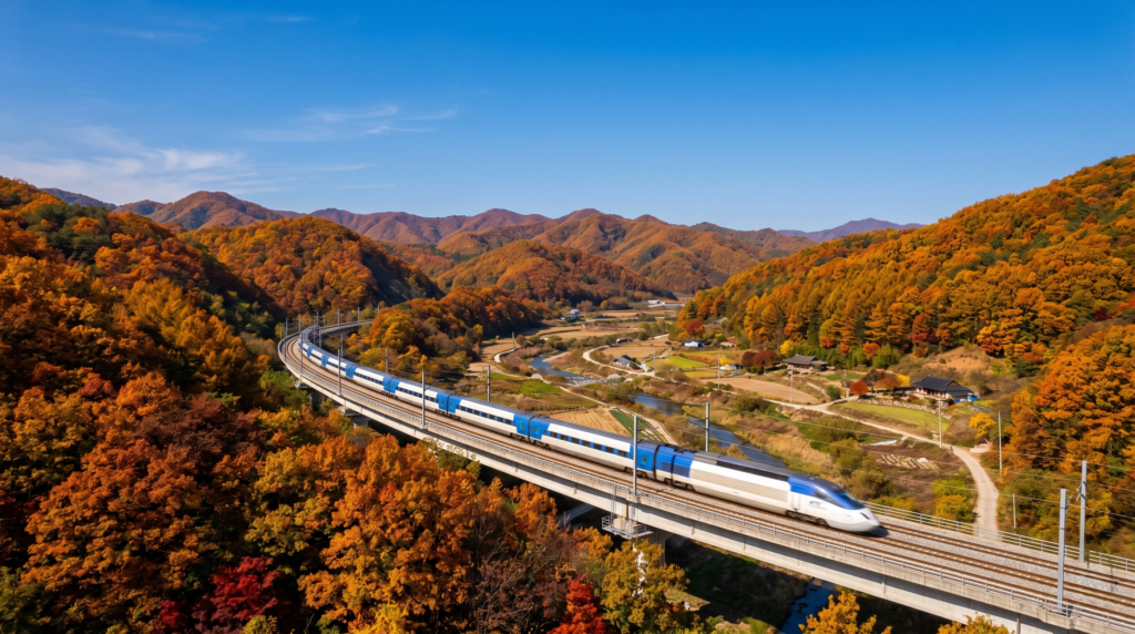 KTX high-speed train traveling through Korean autumn countryside landscape during fall season