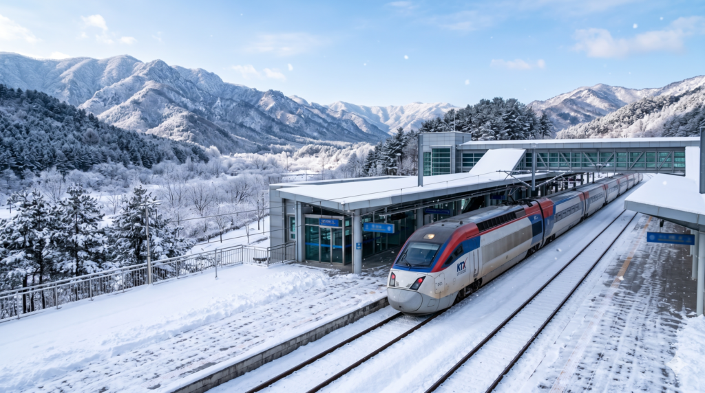 KTX high-speed bullet train at snow-covered Gangwon Province station in South Korea winter