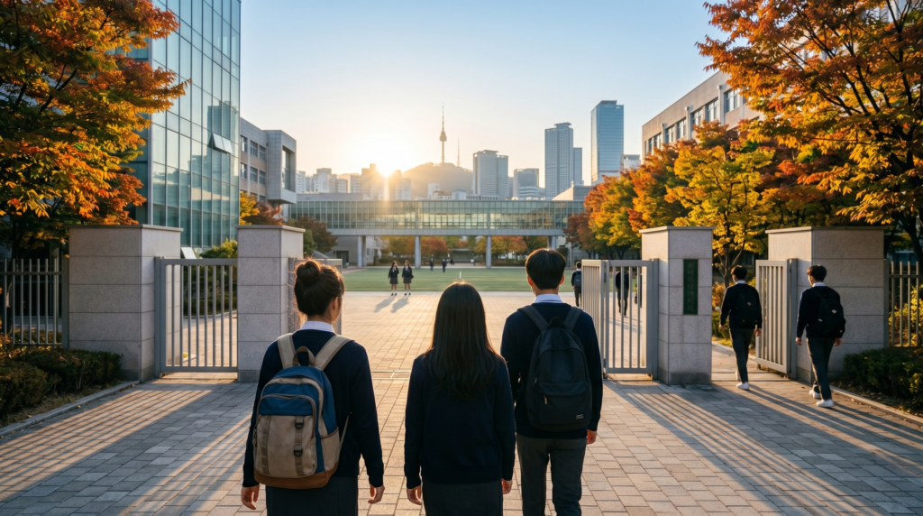  Korean students in uniforms arriving at school in the early morning in South Korea