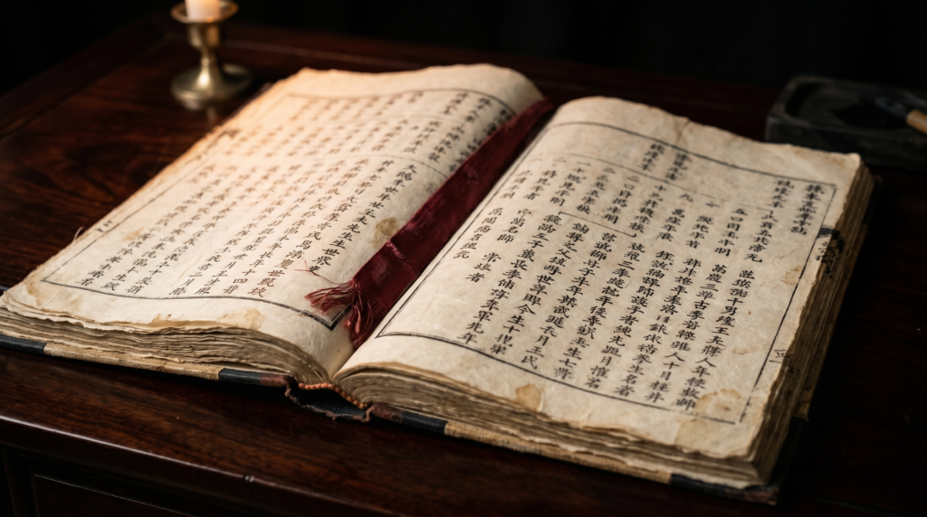  Traditional Korean jokbo genealogy book open to handwritten Hanja calligraphy pages showing ancestral family records