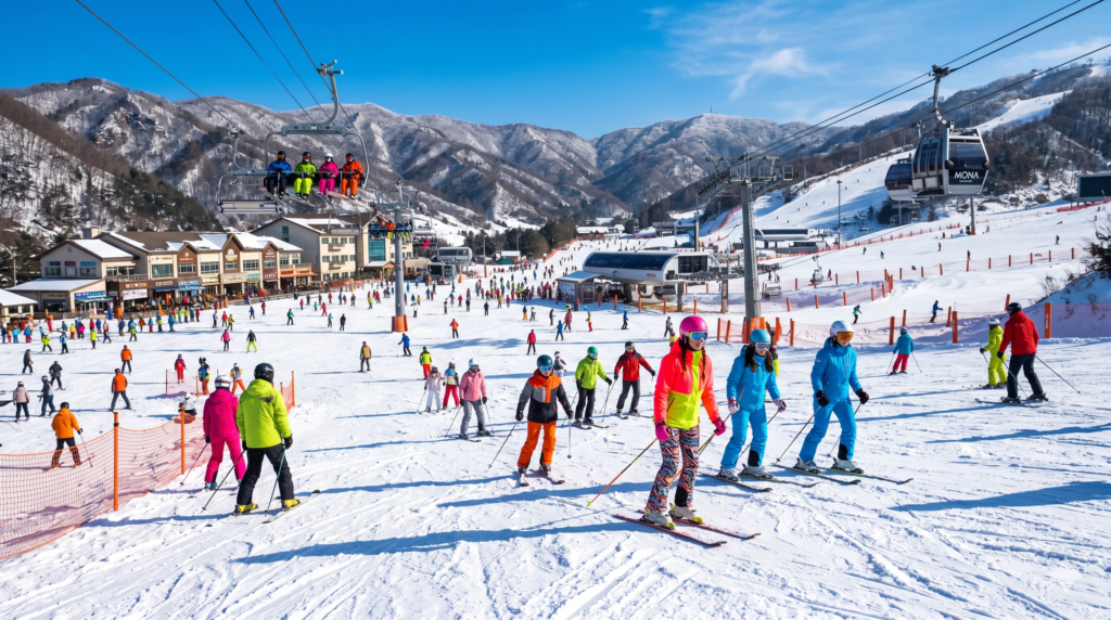Skiers in colorful Korean ski fashion descending bright sunny slopes at a South Korea ski resort
