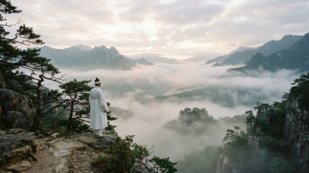 Lone figure in white Korean hanbok standing on misty mountain landscape symbolizing the historical loss and survival of rare Korean surnames 