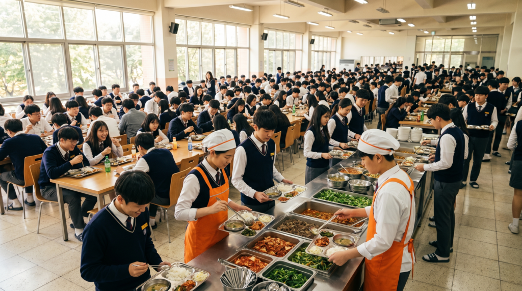 South Korean students eating lunch together in a school cafeteria during the school day