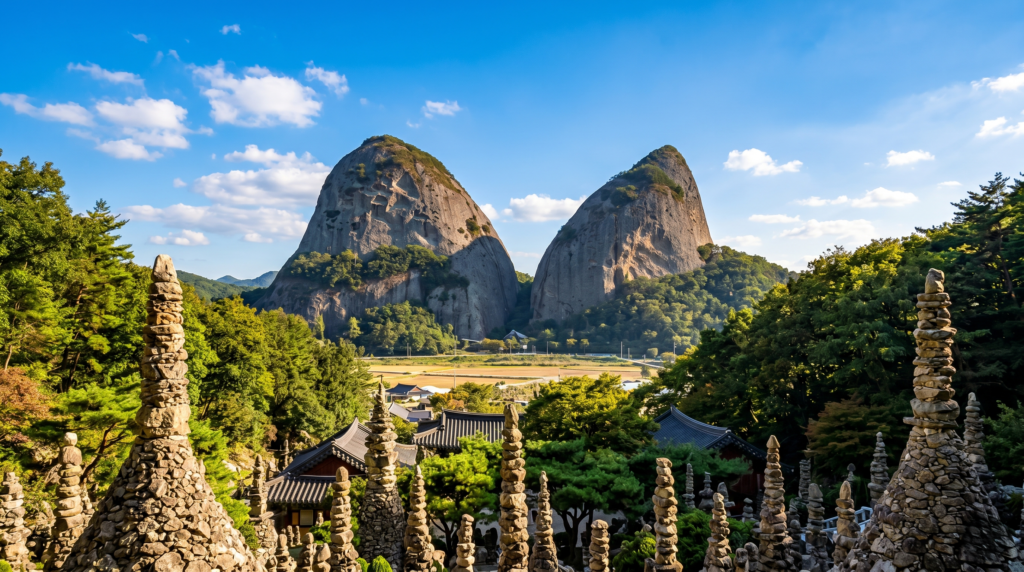 Twin rocky peaks of Maisan Provincial Park rising above Tapsa Temple stone pagodas in North Jeolla Province South Korea