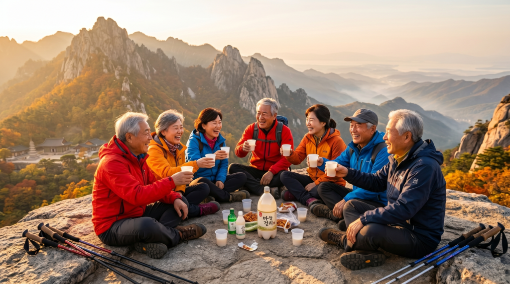 Korean hikers sharing makgeolli rice wine together on a mountain summit with panoramic ridgeline views in South Korea