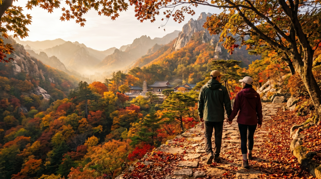 Two hikers walking along a scenic autumn mountain trail in South Korea evoking a K-Drama filming location atmosphere
