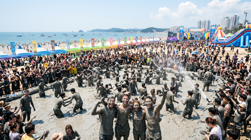 oyful crowds covered in grey mud playing at the Boryeong Mud Festival at Daecheon Beach in South Korea during summer