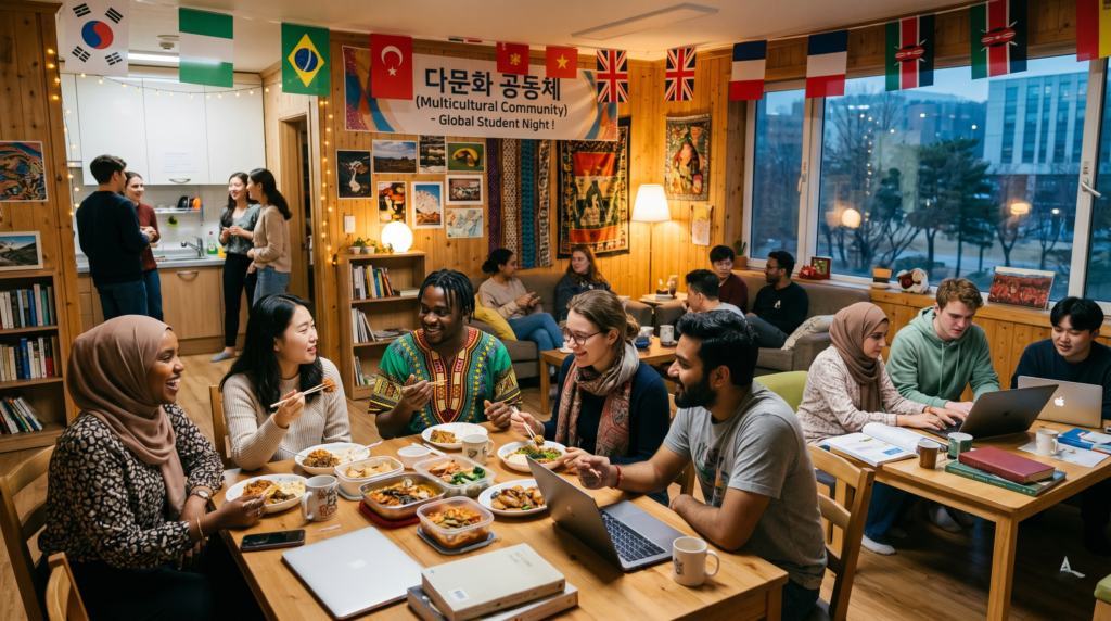 Multicultural international students from various countries socializing together on a Korean university campus