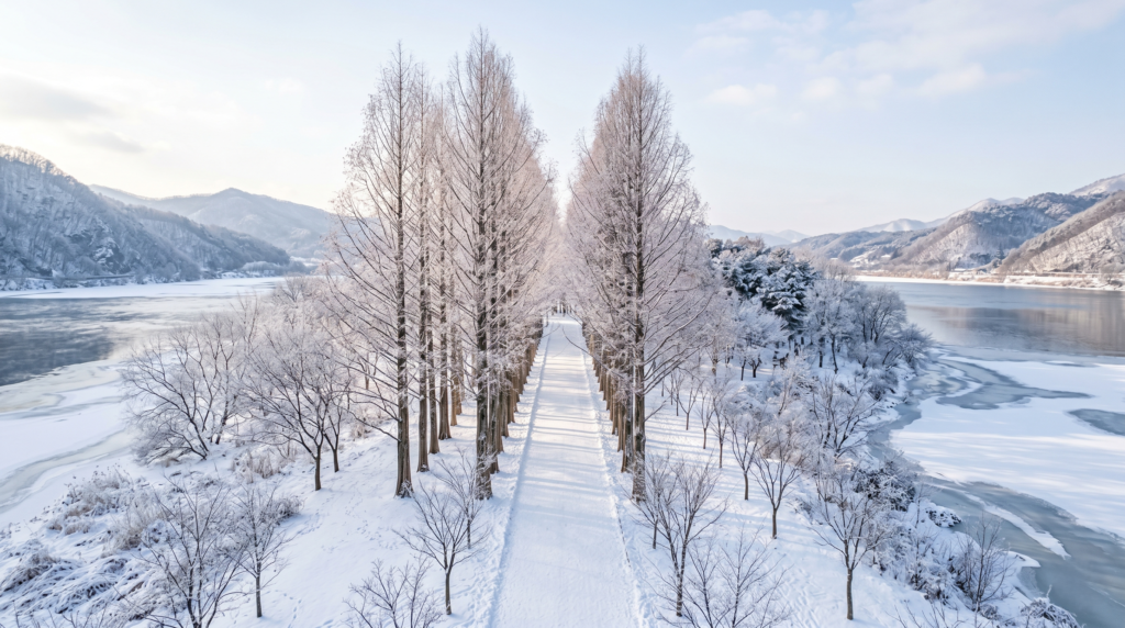 Nami Island South Korea in winter with frost-covered tree-lined avenue and snow-dusted ground in morning light