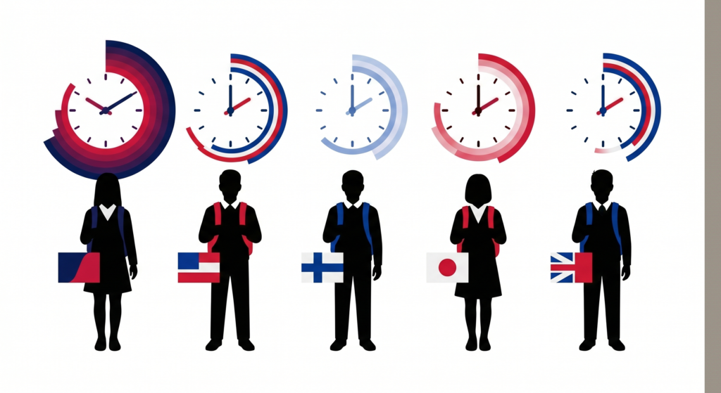 Visual comparison of school day length across South Korea, USA, Finland, Japan and the UK using clock icons 