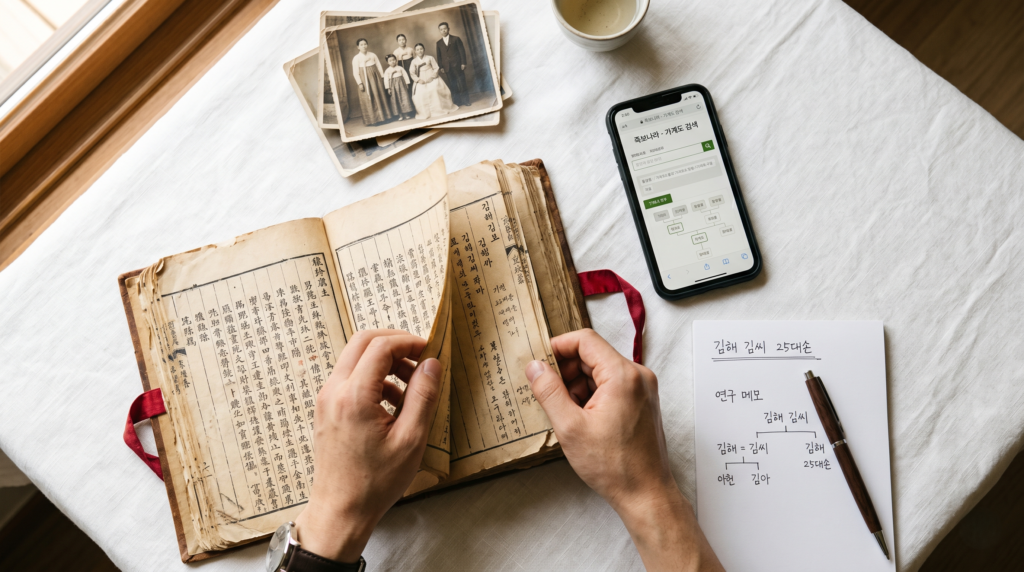 Person researching rare Korean surname using traditional jokbo genealogy book alongside modern smartphone genealogy tools