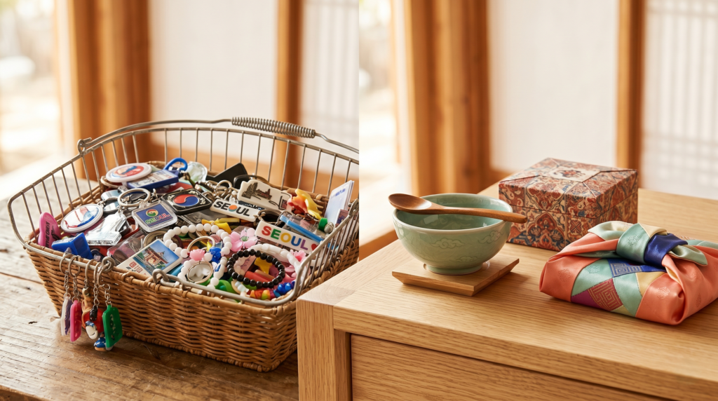 Authentic Korean handcrafted souvenirs displayed beside generic tourist trinkets showing the difference in quality and cultural value