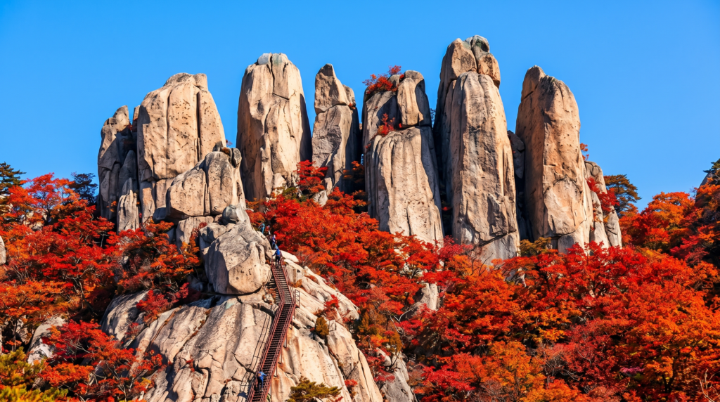 Ulsanbawi Rock granite formation in Seoraksan National Park surrounded by vivid autumn foliage in South Korea