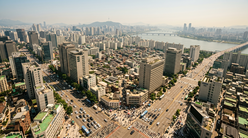 Aerial view of Seoul cityscape on a hot and hazy August summer day with the Han River in the background