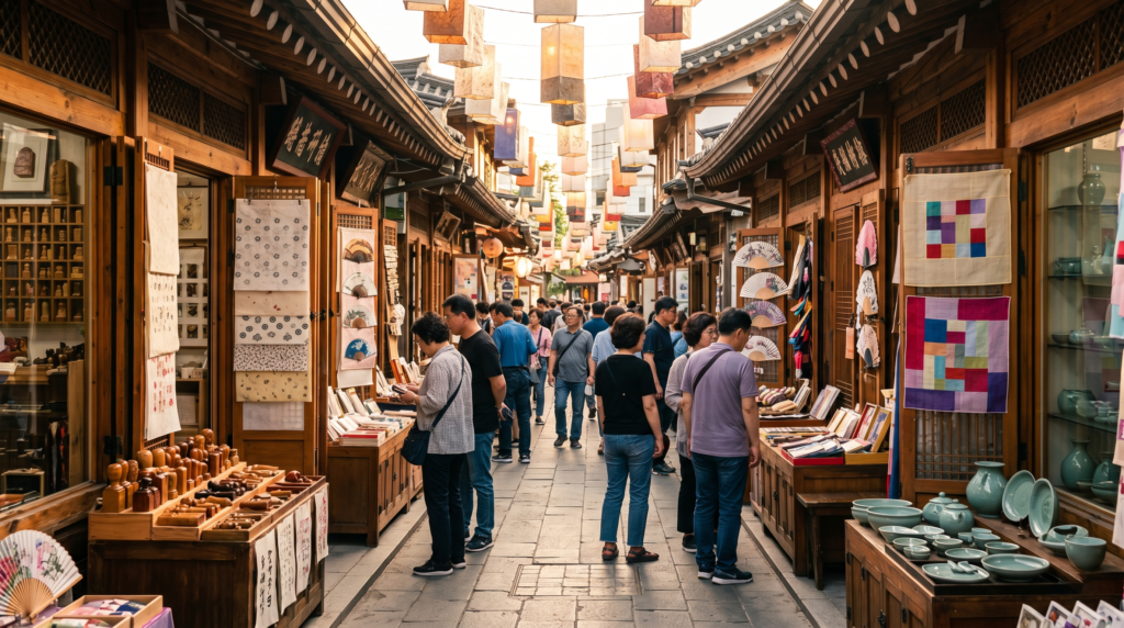 Insadong traditional market street in Seoul South Korea lined with artisan craft shops selling authentic Korean souvenirs hanji pottery and traditional goods
