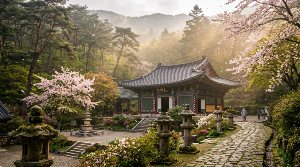 Ssanggyesa Buddhist temple in Jindo Island Korea surrounded by ancient forest and cherry blossoms in spring morning mist