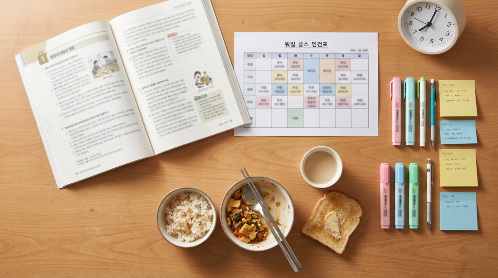 Korean high school student desk with textbooks and schedule showing early morning school start time