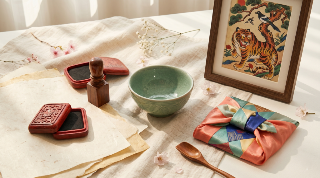 Authentic Korean traditional craft souvenirs including celadon ceramic bowl, hanji paper, dojang name seal, pojagi fabric and minhwa folk art print on linen cloth