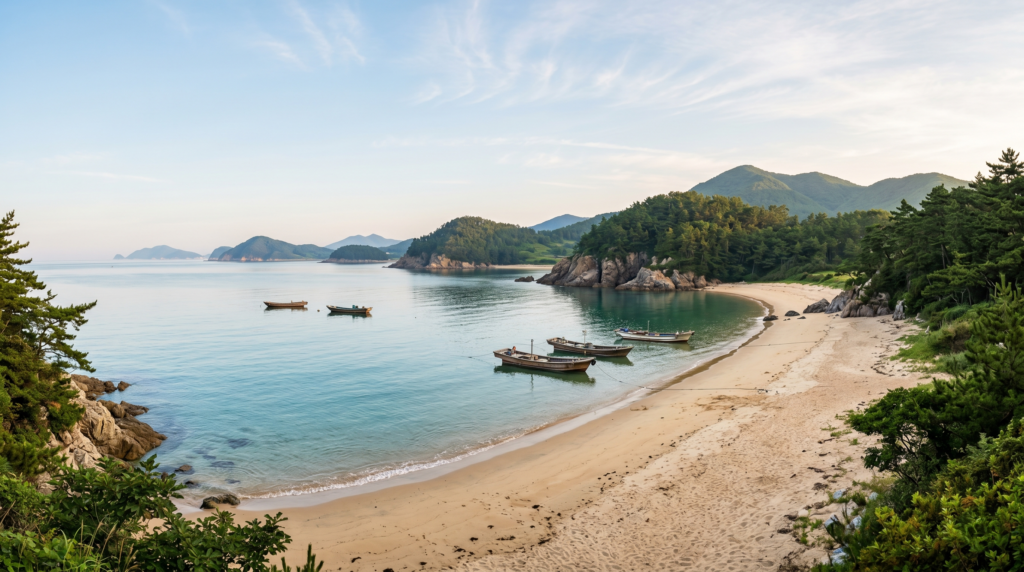  Pristine Uhangri Beach on Jindo Island Korea with clear turquoise water golden sand and traditional fishing boats on a calm summer morning